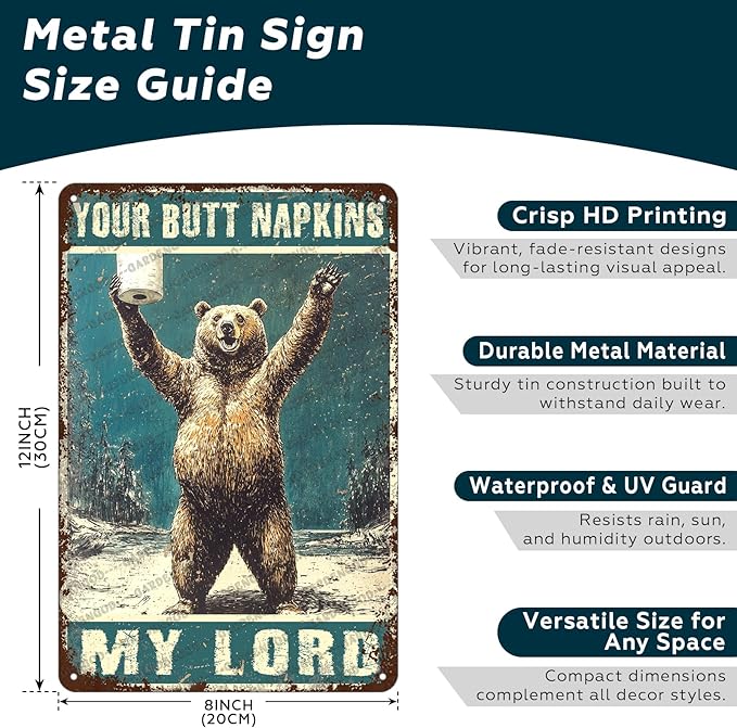 Fun Vintage Brown Bear And Toilet Paper Metal Sign Bear Your Butt Napkins My Lord Novelty Metal Poster Home Kitchen Bathroom Aluminium Sign Art Wall Decor 12x8 Inch