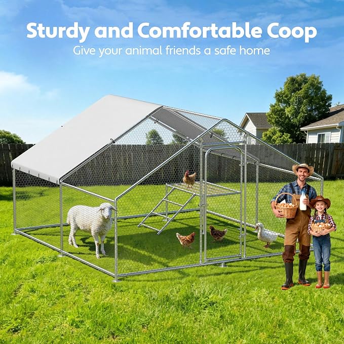 Large Metal Chicken Coop with Roosting Ladder, Waterproof and UV-Resistant Cover,Outdoor Walk-in Cage Hen House for Yard Farm Rabbit Duck Chicken Run, Spire Roof(13.1'W x 9.8'L x 6.4'H)