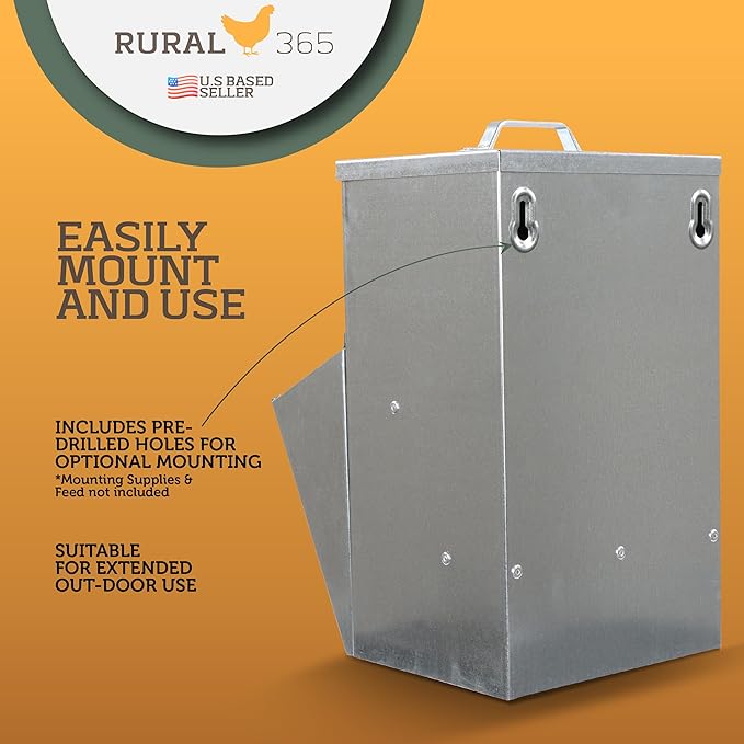 Rural365 11.5lb Capacity Galvanized Chicken Feeder - Rat Proof Poultry Feeder with Lid Weatherproof Outdoor Coop Food Dispenser