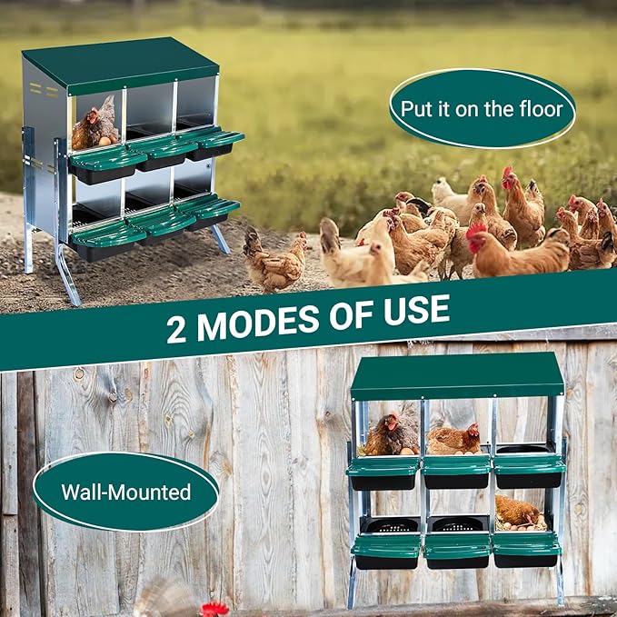 Chicken Nesting Boxes 6 Compartments Chicken Laying Boxes Roll Away Egg Collection Metal Poultry Nest Box with Perch and Lid Cover Free Standing Egg Laying Boxes for Hens Chicken