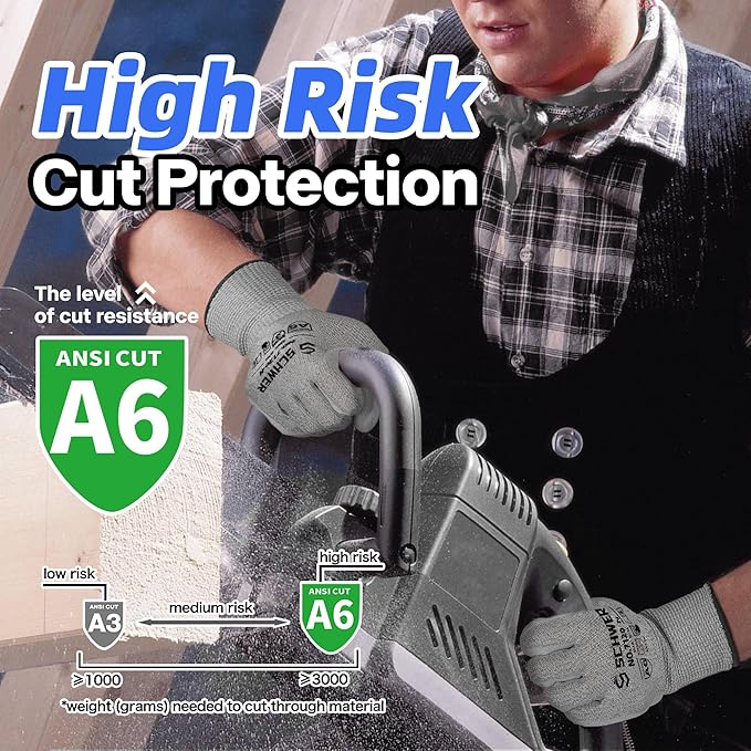 Schwer 12 Pairs Cut Resistant Gloves ANSI A6/A7 (Send Randomly) CR7120 Cut Proof Work Gloves, Touchscreen, for Men and Women Used for Woodworking, Glass Cutting, Construction, Cargo Handling, L