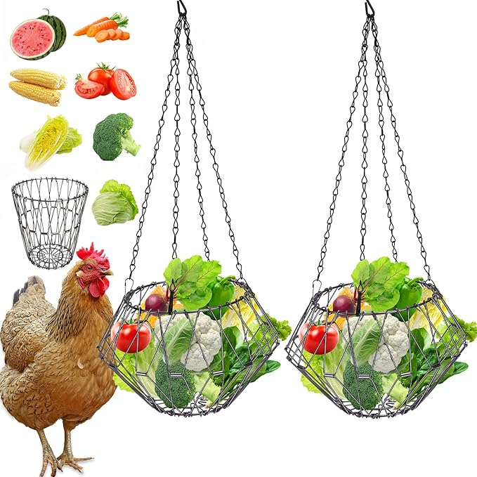 Hanging Chicken Feeder, Foldable 6.5inches Large Poultry Vegetable Fruits Feeder Basket with 17inches Hanging Chain, Veggie Treat Ball Boredom Toys for Chicken/Hens/Duck/Rabbit Coop, 2 Pack