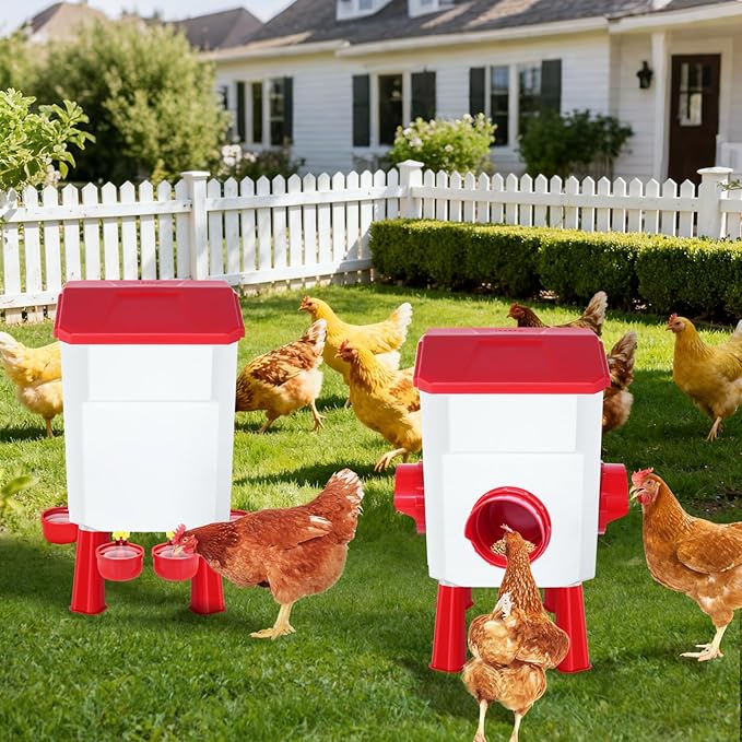 Chicken Feeder and Waterer Set with 3 Gallon/26.4 Pounds, Automatic Chick Feeder and Waterer Set No Waste, Poultry Feeder Large for Hens/Ducks/Poultry