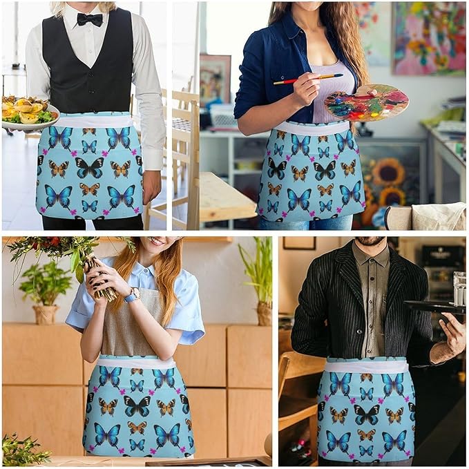 Short Aprons for Servers Unisex Chef Works Waitress Apron with 3 Pockets