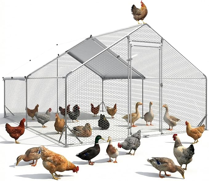Large Chicken Coop Metal Chicken Runs for Yard 13x10x6.5 ft Chicken Coop with Cover Gallinero para Gallinas Heavy Duty Chicken Cage Rabbit Duck Quail Coop Lockable Door with Waterproof Anti-UV Cover