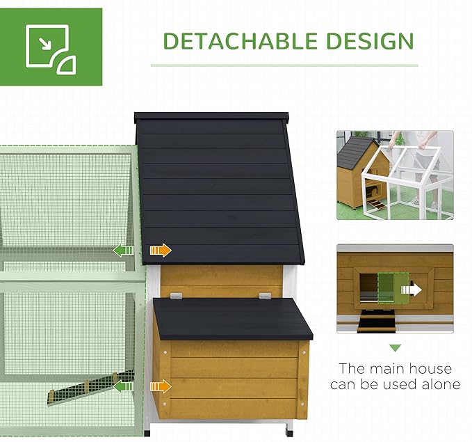 PawHut 65" Chicken Coop Wooden with Detachable Run, Outdoor Chicken House Poultry Cage Hen with Nesting Box, Removable Tray, Roosting Bars, Ramp, for Garden Backyard, Natural