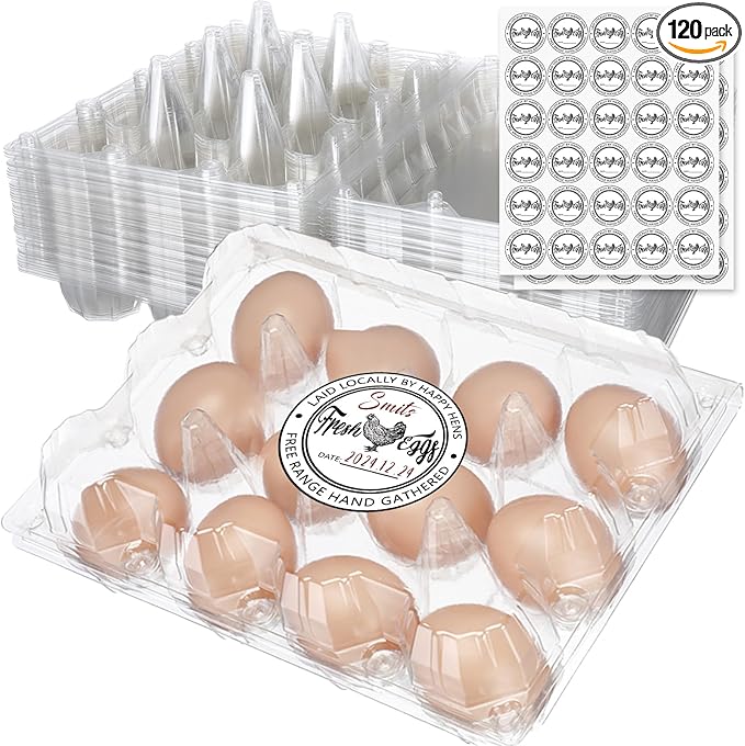 Zhanmai 120 Pcs Plastic Egg Cartons Bulk 12 Count Clear Reusable Large Egg Tray Container Holder with Sticker Labels for Family Chicken Farm Business Market Display