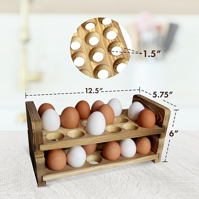 Expandable Stackable Wooden Egg Holder Countertop for 36 Eggs, Rustic Kitchen Decoration, Two-Piece Compact Egg Rack for Counter - Chicken Decor Design - Gui's Chicken Coop (Double Rack)