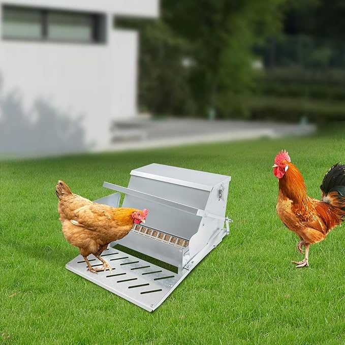 Automatic Chicken Feeder 25lb, Treadle Poultry Feeder Rat Proof with Weatherproof Lid, No Waste Galvanized Steel Feed Dispenser for Hens, Ducks, Large Capacity