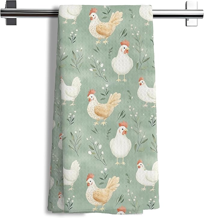 Green Chicken Floral Kitchen Dish Towels for Bathroom Decor, Farmhouse Cottage Core Decor Kitchen Hand Dish Towels Bathroom, Chicken Gifts for Women Mom Lady,16x24 Inch