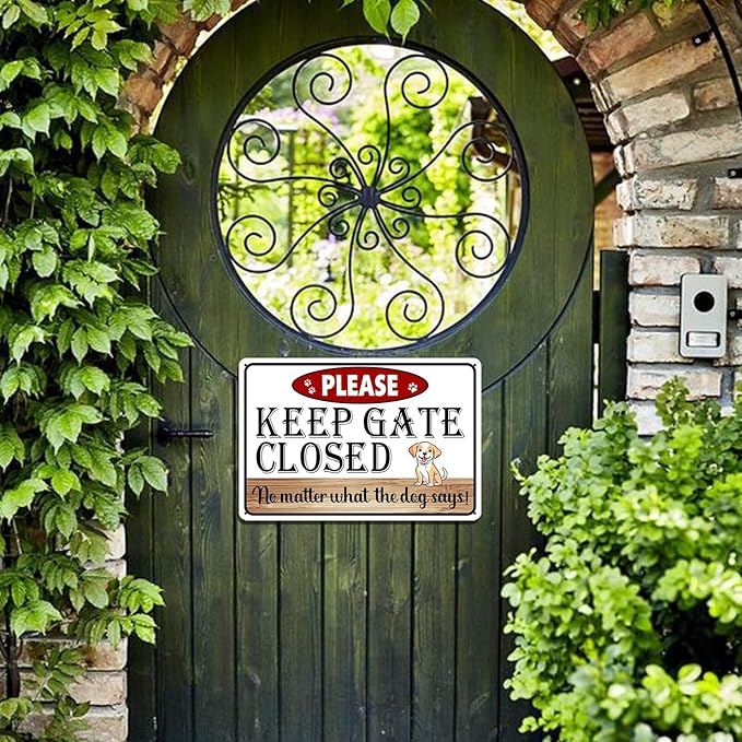 Beware of Dog Signs for Fence, Please Keep Gate Closed No Matter What The Dog Say Metal Tin Sign for Yard, Funny Rustic Home Decor, No Soliciting Pet Warning Signs 8x12 Inch