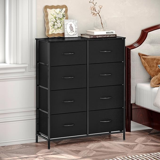 WelFurGeer 8 Drawer Fabric Dresser with Sturdy Metal Frame, Tall Dresser with Fabric Bins, Storage Chest of Drawers for Bedroom, Closet, Kids Room Organization, Black