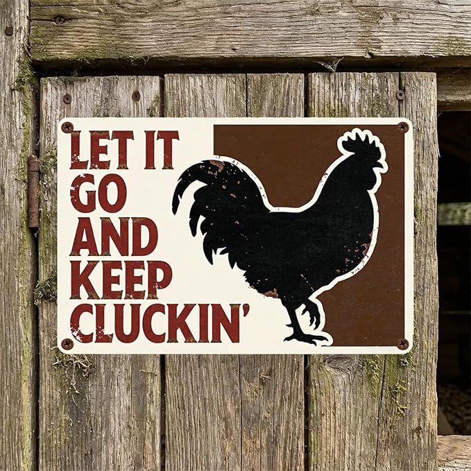 Funny Chicken Metal Sign Outdoor, Aluminum Farmhouse Wall Decor for Coop Door or Yard Area, Fluffy Humor Country Living Style, Rustic 8x12 Inch Gift