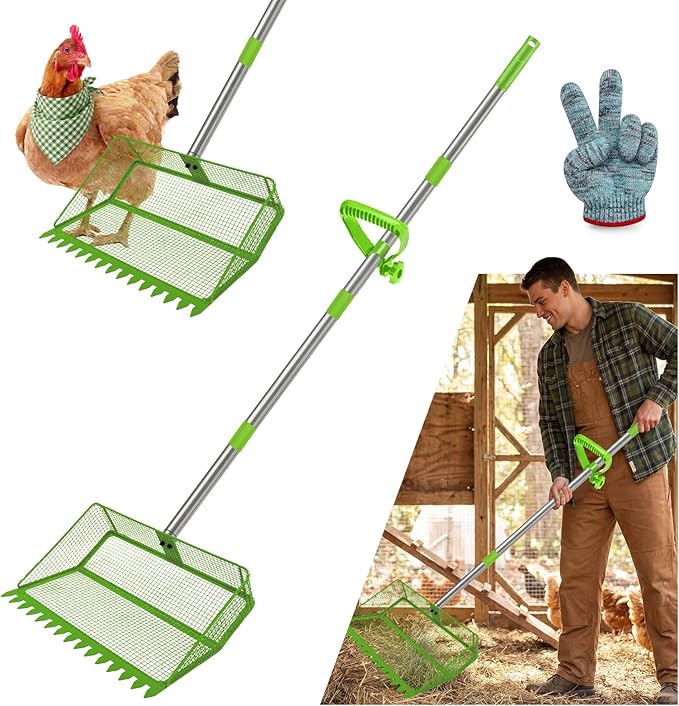 2-in-1 Chicken Coop Scooper: Extra Large 12” Poop Scooper & Rake with Adjustable Handle (37”-65”) | Heavy-Duty Metal Shovel for Quick Pet Waste, Rabbit, Guinea Pig, Barn Cleaning | Green