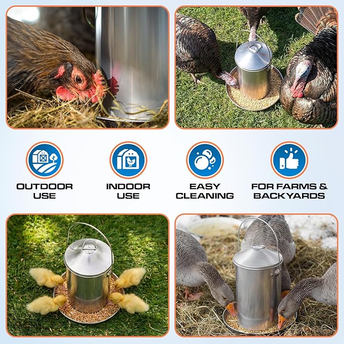 Plexon 6.6 Lb Hanging Chicken Feeder no Waste Food-Grade Stainless Steel - Turkey Duck Poultry Feeder for Chicken Metal - Heavy Duty Reliable Long-Lasting with Handle