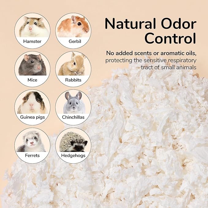 Dust-Free Soft Natural Paper Hamster Bedding with Odor Control, Strong Absorption, for Hamsters, Guinea Pig, Hedgehogs, Rabbits, Chinchilla, Rats, Mice, Small Animals, 80 Liters (Pure White)