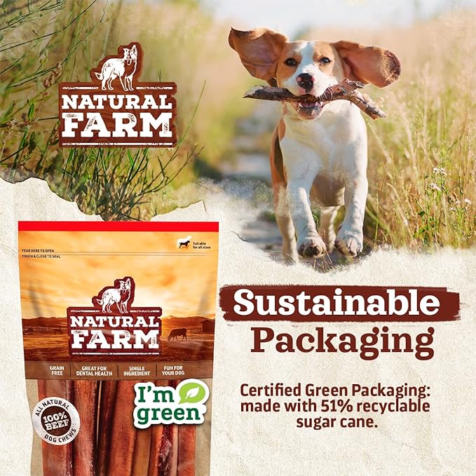Natural Farm Beef Jerky Gullet Sticks Flat - 5-Inch (20-Pack), Grass-fed Beef, Glucosamine & Chondroitin, Rich Flavor, Highly Digestible, Chewy Yet Tender
