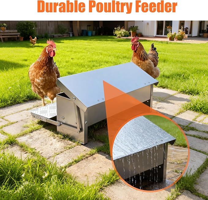 Chicken Feeder Rat Proof Automatic Treadle Feeder No Waste,Stainless Steel Outdoor Chicken Food Dispesner for Polutry and Duck Bantams Pheasants,with Weatherproof Lid