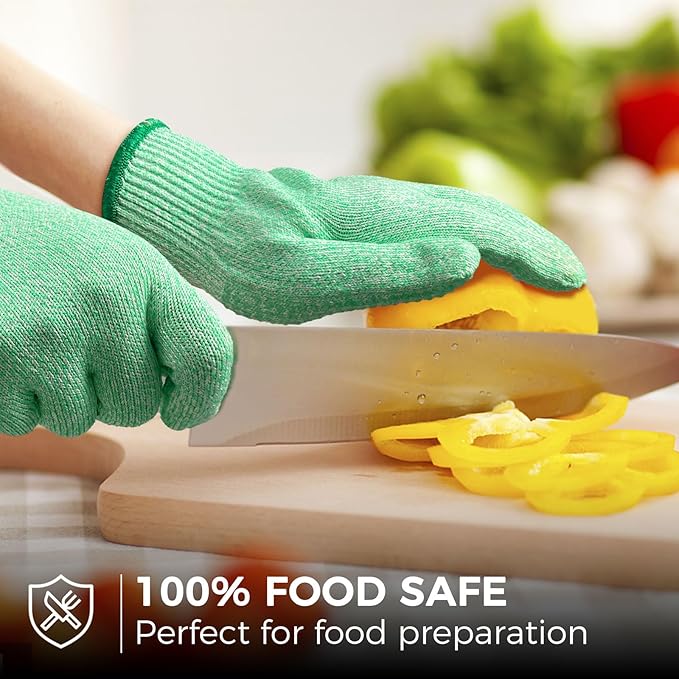 Evridwear Cutting Gloves Level 5 Cut Resistant, Food Safe Gloves with Non-Slip Grip for Kitchen, Meat Cutting & Mandoline Use, 2 Pairs (M, Green + Gray)