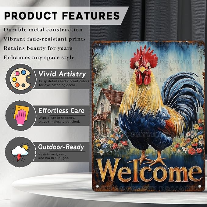 Vintage Rooster Tin Sign Welcome Retro Chicken Rustic Wall Decor Nostalgic Art Funny Coop Metal Poster Outdoor Store Cafe Farmhouse Kitchen Garden Plaque Bar Pubs Yard Farm 12 * 16inch