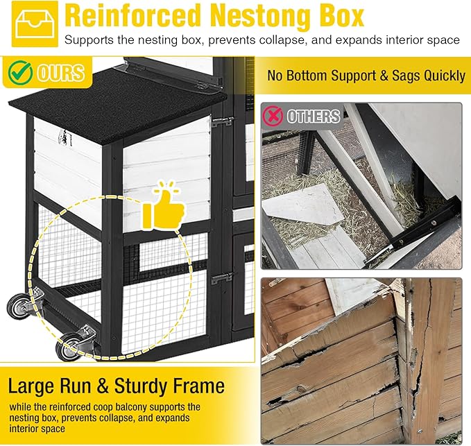 Aivituvin Mobile Chicken Coop with Wheels for 4-6 Chickens, Backyard Expandable Chicken House Duck Cage with Run, 2 Nesting Boxes, Easy Clean Pull-Out Tray, Leak-Resistant Asphalt Roof, 82.4"(Black)
