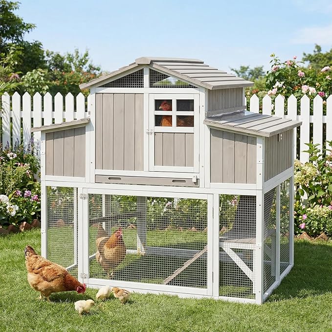 Outdoor Wooden Chicken Coop for 2–4 Chickens, 2-Tier Design Elevated Hen House with Dual Nesting Boxes, Slide-Out Tray, Reinforced Frame, Expandable Run, Expandable Run Connection, Grey