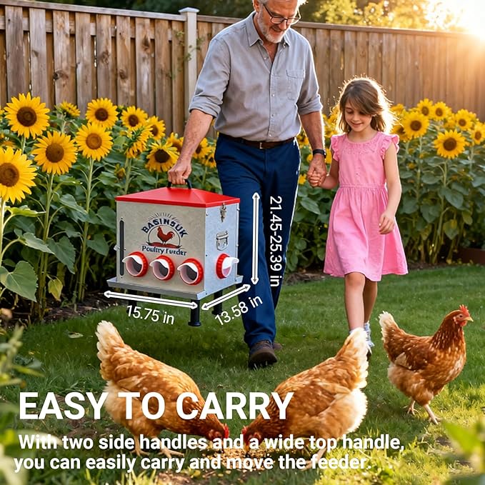 10Gal 55lb Automatic Chicken Feeder 8 Ports, Large Metal Poultry Feeder No Waste Rat-Proof with Window & Catchment Tray, Height Adjustable Waterproof Rust-Proof for Backyard Coop Duck Turkey