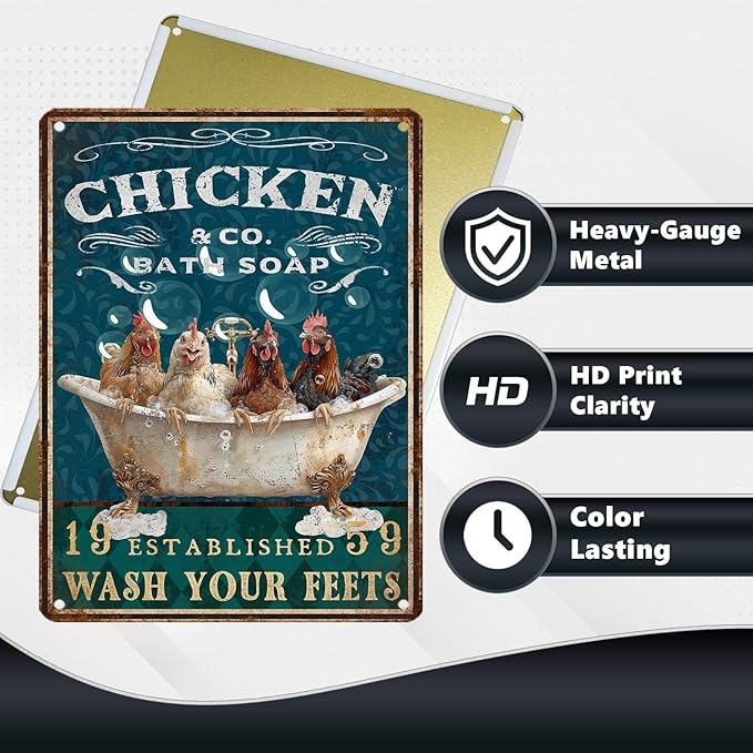 Funny Chicken Bathroom Sign Chicken Coop Metal Decor Wash Your Feets Tin Signs Vintage Wall Art For Home Restroom Washroom Cafe Indoor Kitchen Toilet Farmhouse Bar 16 * 12 In