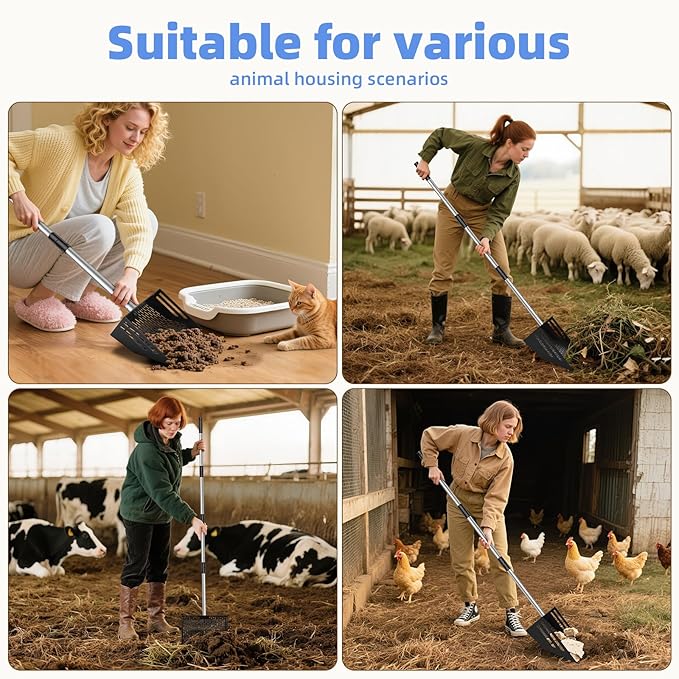 Chicken Poop Scooper & Rake 2-in-1, 4 in 1 Stainless Steel Handle 12 in Chicken Coop Pooper Shovel (23 to 62"), for Animal Sheds, Trash Scoop with Ergonomic Handle, Scooper Sand Sifting Shovel
