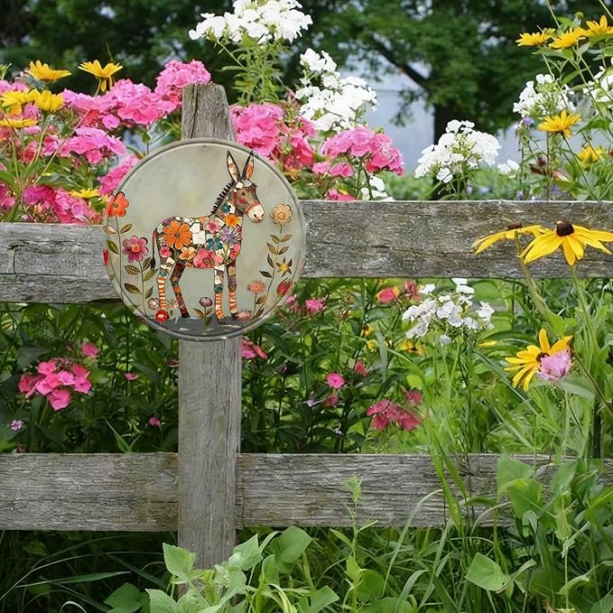 Donkey Round Metal Tin Sign Wreath Farm Flowers Rustic Vintage Wall Art Decor for Farmhouse Garden Backyard Home Cabin Decor 12x12inch