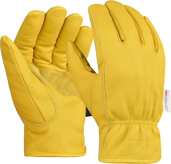3 Pair Winter Heavy Duty Leather Work Gloves for Men & Women – Water-Resistance, Cowhide Construction & Yard Leather Gloves – Puncture Resistant Safety Gloves for Landscaping & Outdoor Use (M)