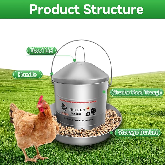 17.6 Lb Stainless Steel Poultry Feeder, Automatic Chicken Feeder No Waste, Hanging Chicken Feeder Heavy Duty Reliable Long-Lasting with Handle, Top Filled