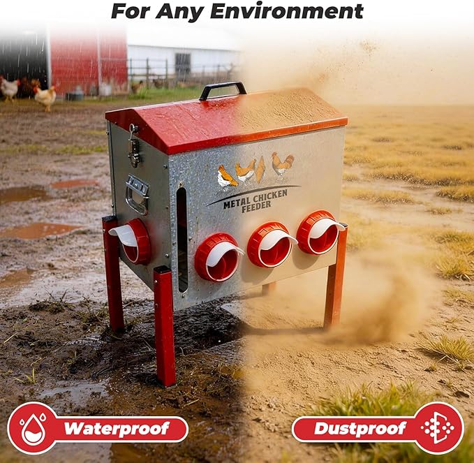 Automatic Chicken Feeder 50LBS Large Capacity, 8 Anti-Waste Ports Metal Poultry Feeder with Height Adjustable Stand, Waterproof Rodent Proof Feed Box with Lid Viewing Window for Hens Ducks Geese