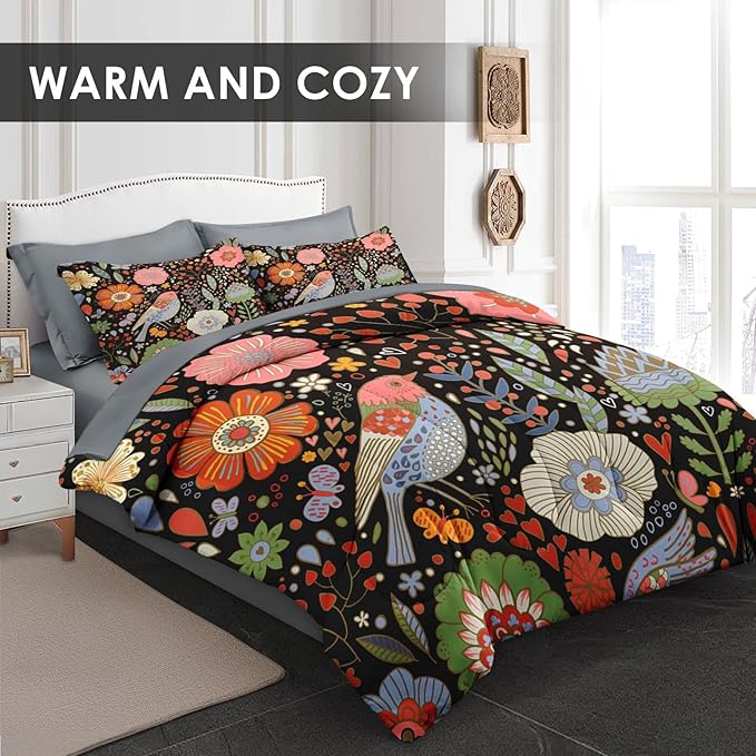 Comforter Set Queen Size, Retro Floral Bird 7 Pcs Bedding for Kids and Adults, Vintage Chinese Flower Bed Sheet Sets with Fitted Sheet 2 Pillowcases & 2 Shams for Bedroom Bed Decor