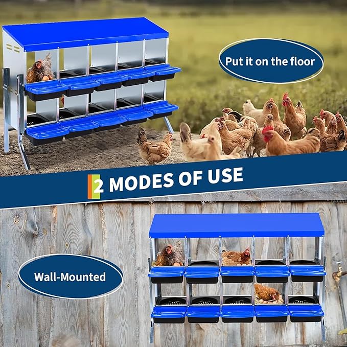 Chicken Nesting Box，10-Hole Nesting Boxes for Chicken Coop with Removable Plastic Egg Tray & Ventilation Holes, Wall Mount/Freestanding Poultry Laying Boxes for Hens, Ducks & Coops