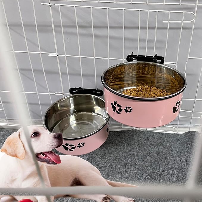 Dog Crate Food and Water Bowl 2Pcs Small Pet Hanging Kennel Removable Dish Feeding Cup No Spill with Holder for Medium Large Size Cat Puppy (Pink, 5.5''X2.3''&6.3‘’X2.5'')