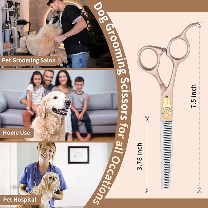 TOPGOOSE Professional Thinning Scissors for Dog Cat 7.5'' Pet Grooming Scissors 440C Stainless Steel Thinning Shears for Dogs 56 Teeth (Rose Gold, Thinner)