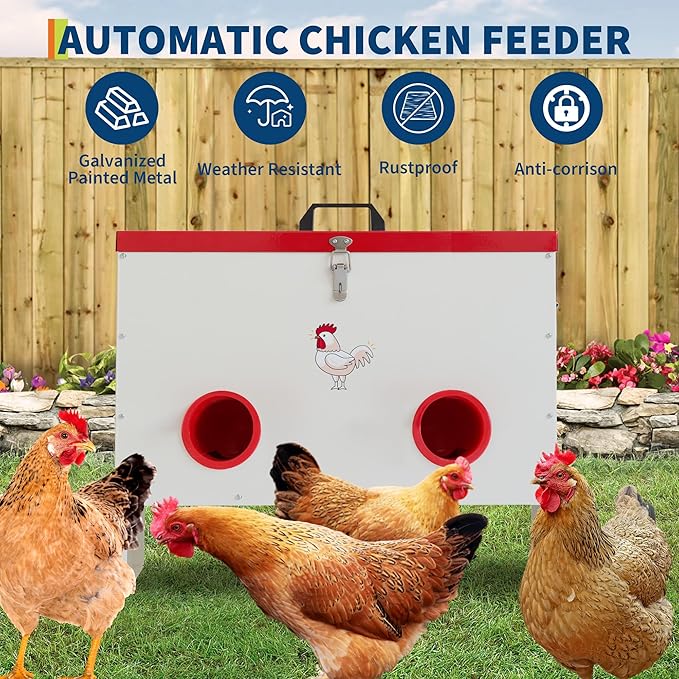 GarveeLife Automatic Chicken Feeder No Waste, 50 LB Poultry Feeder Box Metal Feeders for Chickens Rainproof Chicken Coop Feed Ports for Chickens, Ducks, Turkeys