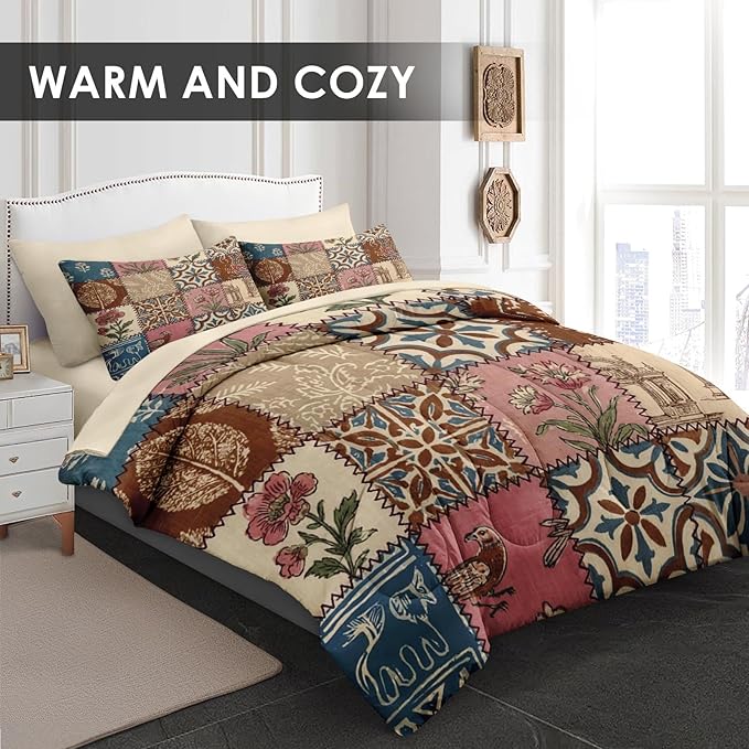 Comforter Set Twin Size, Country Flower Retro 5 Pcs Bedding for Kids and Adults, Plaid Geometric Patchwork Bed Sheet Sets with Fitted Sheet Pillowcase & Sham for Bedroom Bed Decor