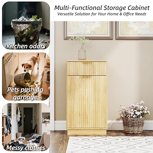 19 Inch Single 10 Gallon Wood Grain Tilt-Down Trash Can Cabinet with Storage Drawer,Wood Grooved Recycling Cabinet with Wave Texture Hidden Pull-Out Trash Can for Kitchen,Bathroom (Oak-02)