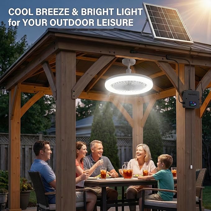 Solar Ceiling Fan with Light Indoor Outdoor, Daytime Available Solar Shed Fan Light with Pull String, 3-in-1 Modes, IP65 Waterproof for Gazebo, Shed, Barn, Patio, Chicken Coop (1 Pack)