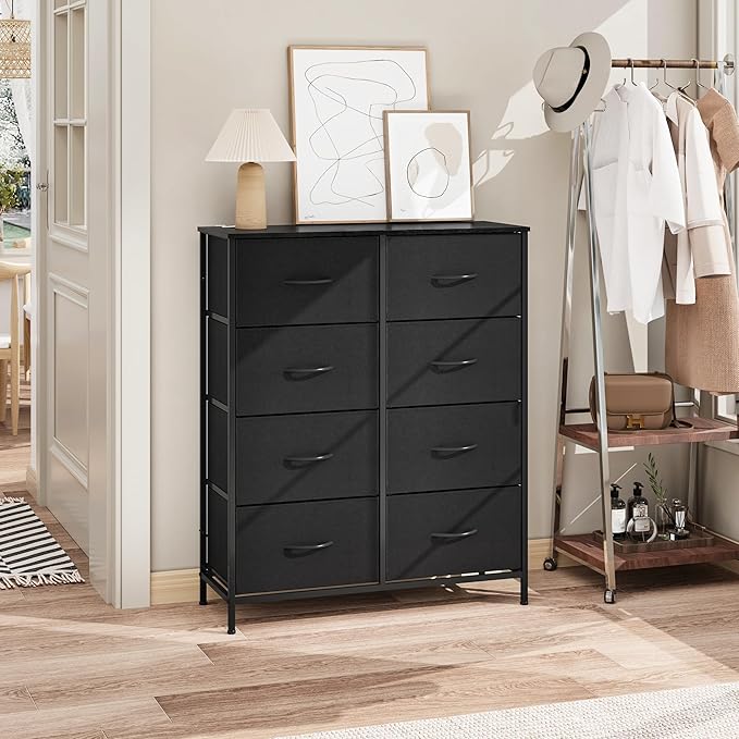 WelFurGeer 8 Drawer Fabric Dresser with Sturdy Metal Frame, Tall Dresser with Fabric Bins, Storage Chest of Drawers for Bedroom, Closet, Kids Room Organization, Black