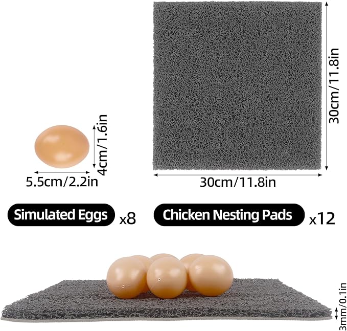 12 Pcs Nesting Pads for Chicken Coop, 12x12 Inch Washable Plastic Nesting Box Liners with 6 Fake Eggs, Reusable Laying Mats for Hens, Chicken Coop Accessories