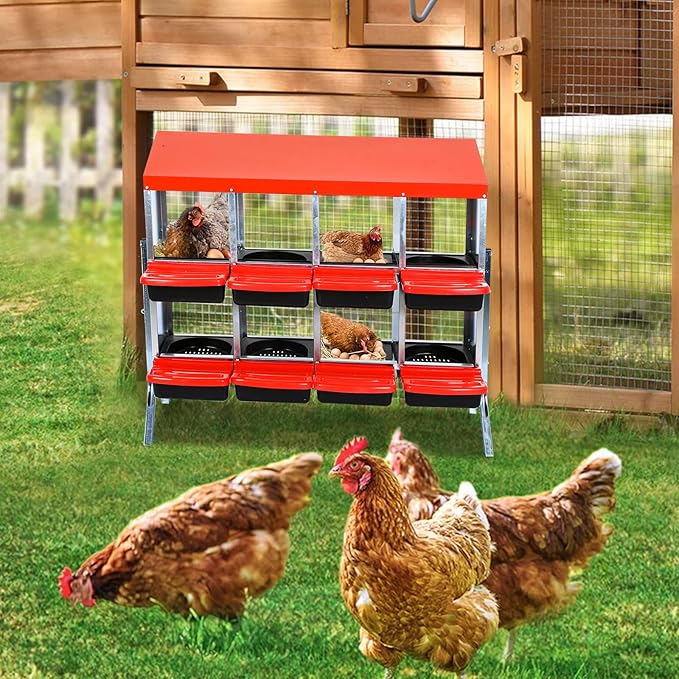 Roll Away Metal Chicken Nesting Box – 8 Compartments, Easy Egg Collection, Sturdy Stand, Protective Lid, Cleanable Hen Laying Box – with Bracket Legs, Red, 8 Compartment Egg Laying Box