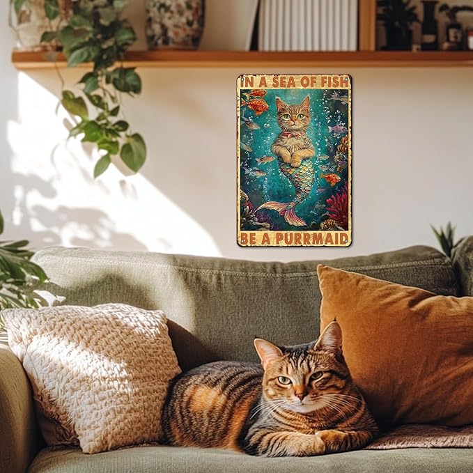 Mermaid Cat Vintage Tin Sign in A Sea of Fish Be A Purrmaid Metal Tin Sign for Coffee Home Decor Sign 12x8inch