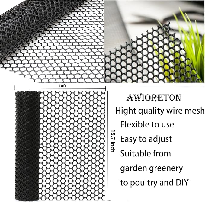 Chicken Wire Fence Mesh, Plastic Hexagonal Fencing for Gardening with Zip Ties, 15.7IN x 10FT Black Poultry Fencing,Garden Netting, Chicken Wire Frame for Crafts, Floral Netting
