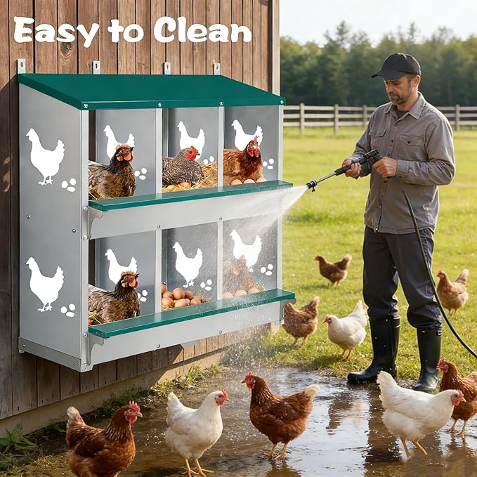 Chicken Nesting Box 6 Compartment with 10 Pet Moisture Pads and 4 Fake Eggs Roll Away Egg Collection, Perch, Lid Cover for Egg Protection - Wall Mount Nest Box for Chickens, Hens, Ducks