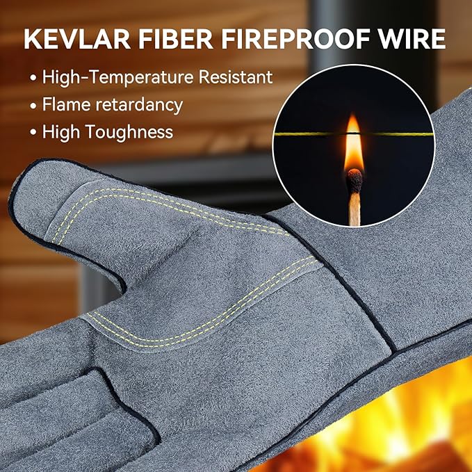 OZERO 932°F Heat Resistant Forge Welding Gloves 14 inches Cowhide Leather - Long Sleeve and Insulated Lining Grill Glove for Tig Welder/Mig/Barbecue/Stove Gray