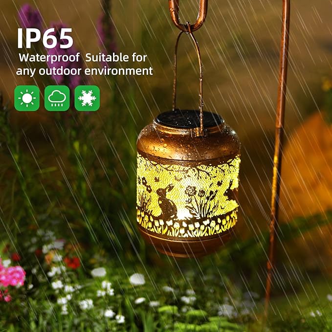 Rabbit Solar Lanterns Outdoor Waterproof-Hanging Solar Lights Bunny Gifts for Women Mom Grandma Metal Decorative LED Lantern Outside for Garden Decor,Yard,Patio,Lawn,Porch,Backyard,Pathway