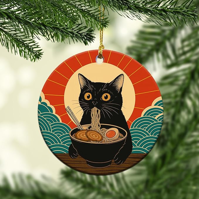 Black Cat Ramen Christmas Ornament - Funny Ramen Japanese Anime Gifts for Women, Men, Cat Lovers - Kawaii Noodle Pet Decor Ceramic Ornament